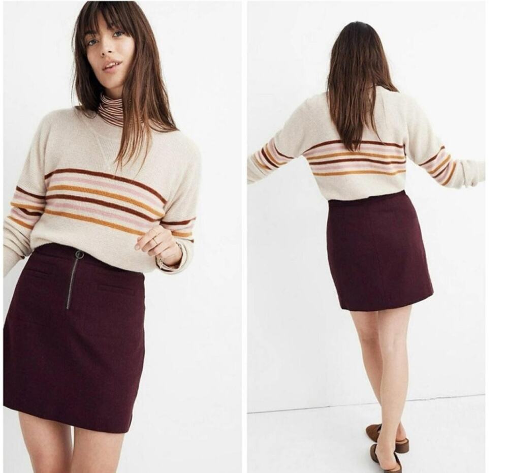 Madewell Skirt Women's 24 Burgundy Wool Blend Zip Front Mini Pockets Mod Career